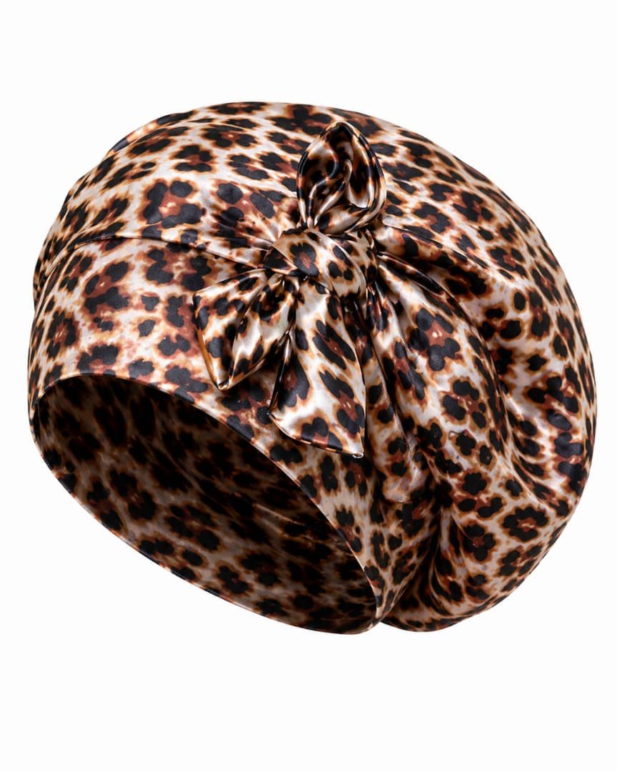Leopard Print Hair Bonnet with Adjustable Ties