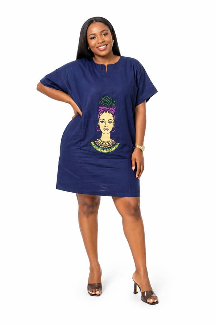 Mask Print Kaftan - Navy Dress