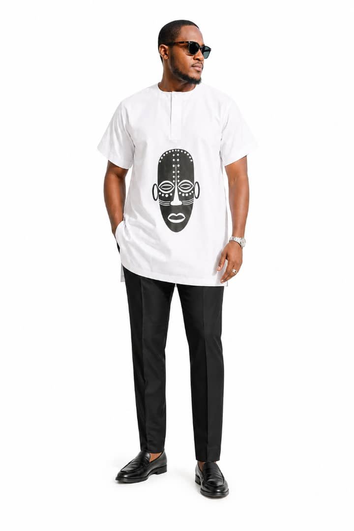 Mask Print Kaftan - White Tunic